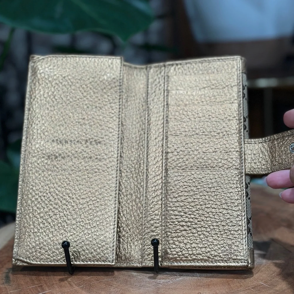 Gucci GG Canvas Metallic Gold Continental Wallet w/ Box and Unbranded Chain - Picture 9 of 12